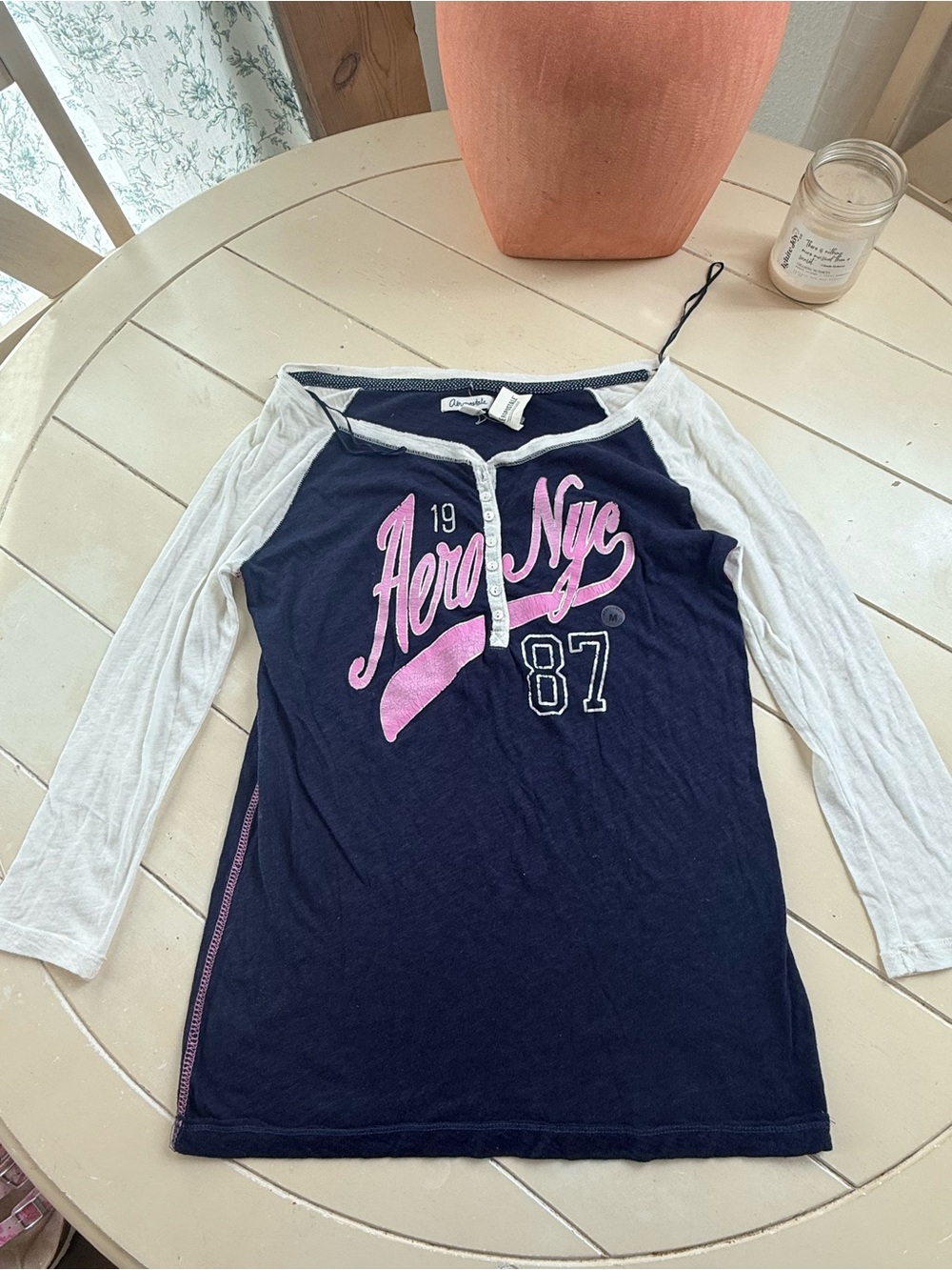 Aeropostale Navy Blue & White Raglan Henley with Pink Logo